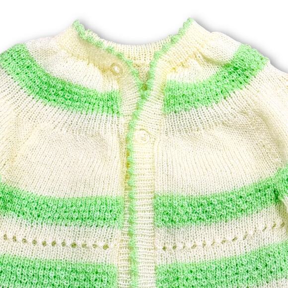 Vintage Handmade Pointelle Knit Mint Butter Yellow Stripe Cardigan Sweater 12-24 - Picture 2 of 5